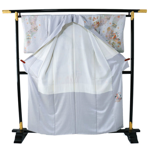 訪問着 リサイクル 身丈157.5cm 裄64.8cm 袷 道長取り 花柄 箔加工 ブルー Mサイズ セミフォーマル 正絹 広衿 Sランク