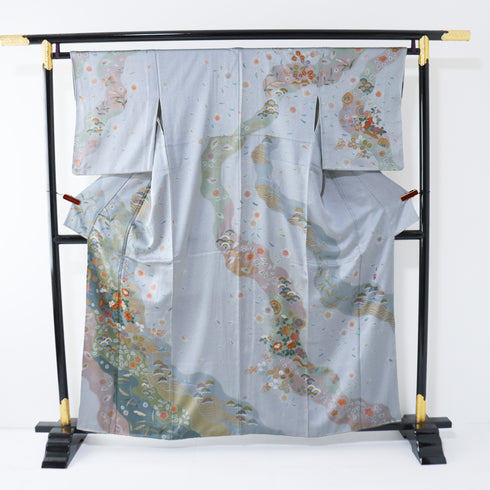 訪問着 リサイクル 身丈157.5cm 裄64.8cm 袷 道長取り 花柄 箔加工 ブルー Mサイズ セミフォーマル 正絹 広衿 Sランク