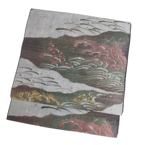 名古屋帯 リサイクル 帯丈370cm 六通 波頭柄 グレー Mサイズ 正絹 新品・未使用品 お洒落