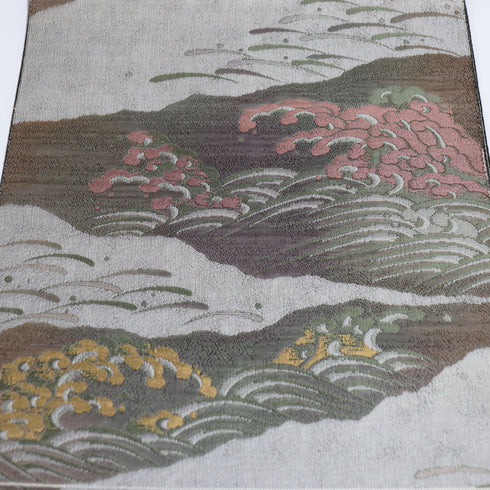 名古屋帯 リサイクル 帯丈370cm 六通 波頭柄 グレー Mサイズ 正絹 新品・未使用品 お洒落