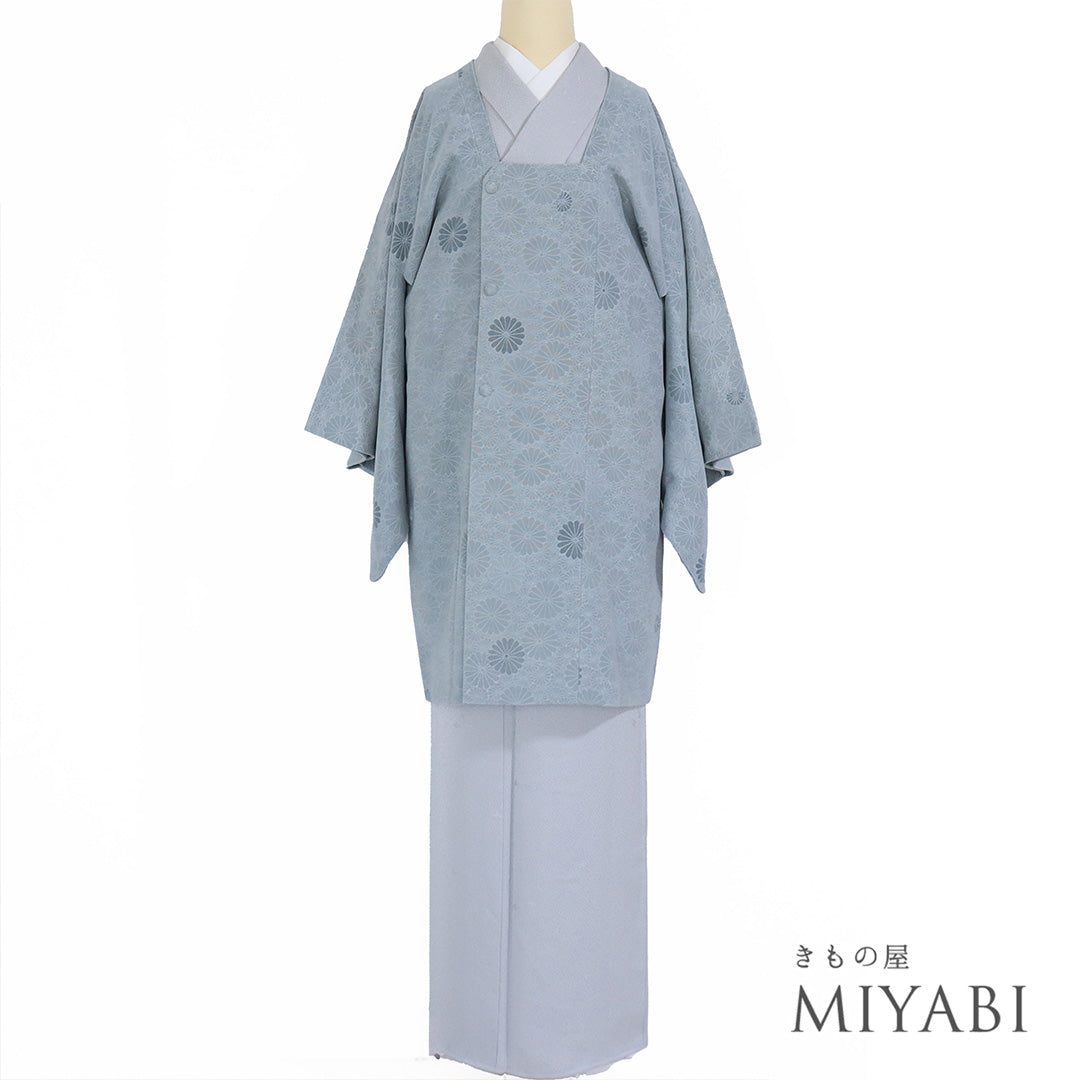 ※着物単品　小紋　フルセット　正絹　トールサイズ　花　くすみ水色　E1 単衣小紋［花浅葱色と刺繍］｜着物レンタルあき (来店着付け無料