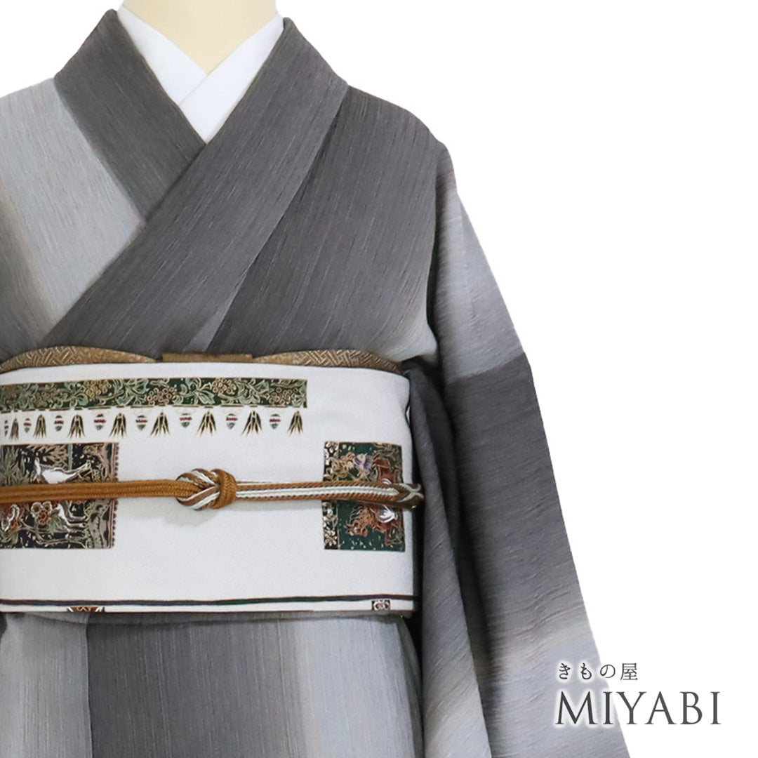 ♡藍染めいり！使いやすいグレー地のオシャレ袋帯♡ グレー – きもの屋 MIYABI.net