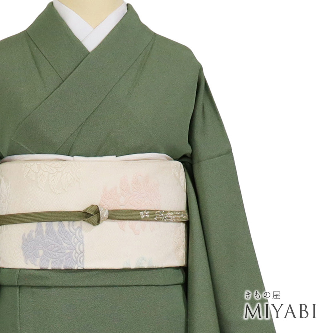 ゆりのはな　未使用品　色無地　紋ちりめん　抹茶色系　正絹　ほていや扱い　C901 色無地 中古・リサイクル着物 – きもの屋 MIYABI.net