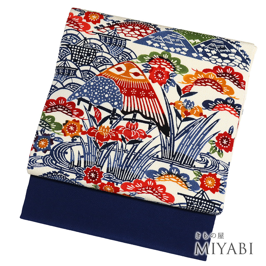 C 美品 シックな花模様 紺色 六通 正絹 洒落帯 カジュアルな名古屋帯 C 美品 シックな花模様 紺色 六通 正絹 洒落帯 カジュアルな