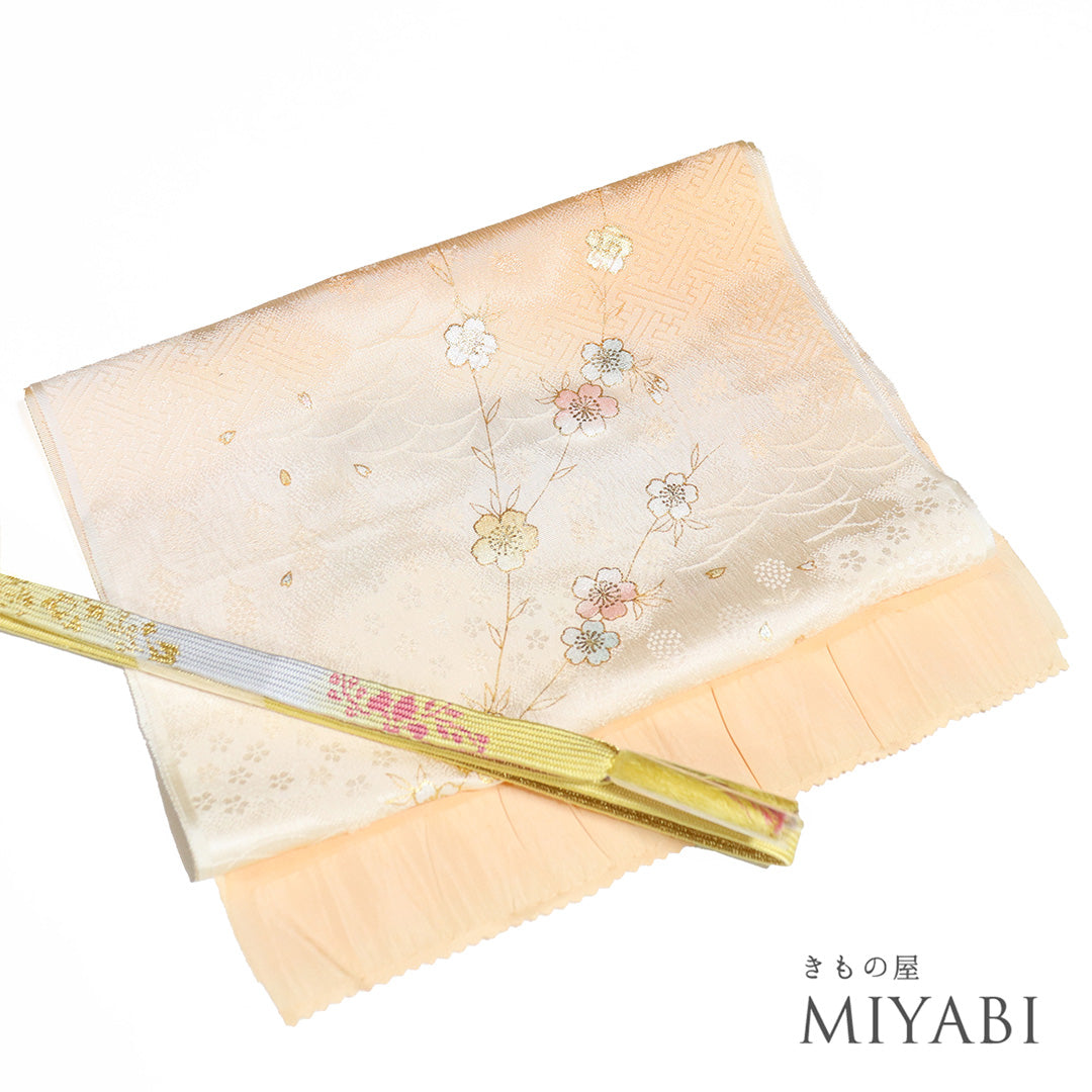 帯＋帯締め＋帯揚げ3点セット　淡いベージュ　優　F5 帯揚げ 帯締め セット 正絹 ライトグレー イエローベージュ 格子