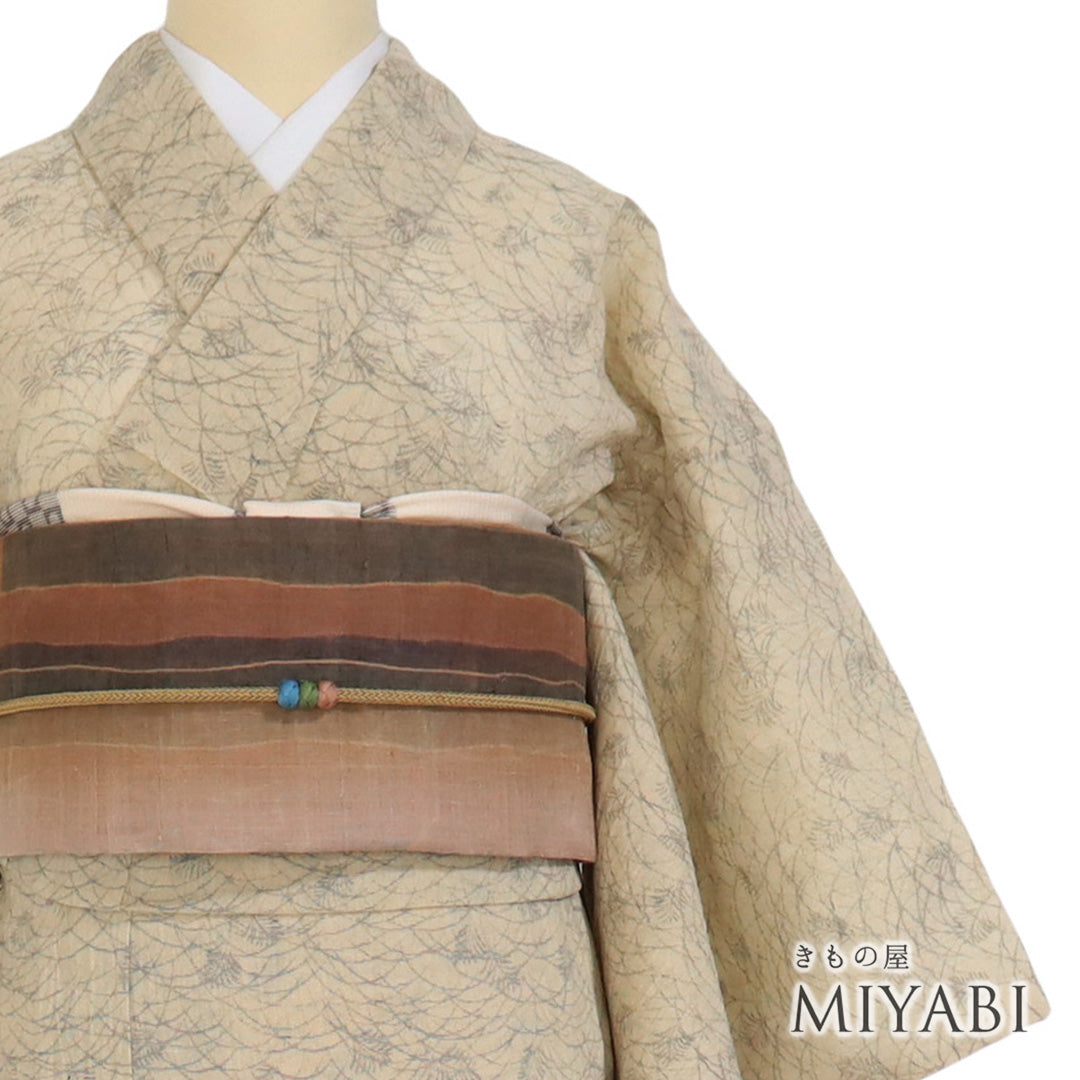 リサイクル着物 紬 夏着物 夏物 身丈159cm 裄62.8cm 千代谷縮 草原柄 S