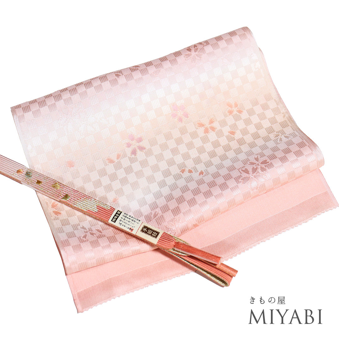 akiko　半幅帯、帯揚げ2枚　帯締め3本 帯揚げ 帯締め セット 正絹 藤色 淡水色 淡ピンク ぼかし 道長