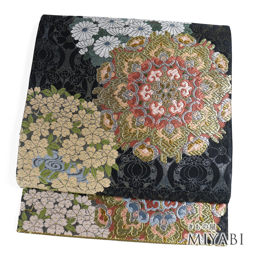 m344 菱紋 袋帯 正絹 六通 リサイクル 袋帯 帯丈444cm 六通 華紋柄 刺繍 ブラック Mサイズ 正絹 S