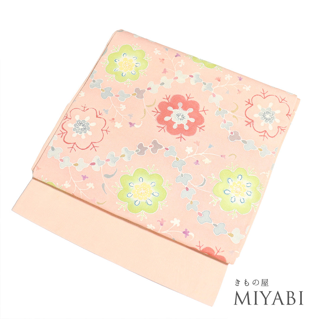 シルバーにピンクやブルーの花模様が可愛らしい＊だらりの帯 シルバーにピンクやブルーの花模様が可愛らしい＊だらりの帯