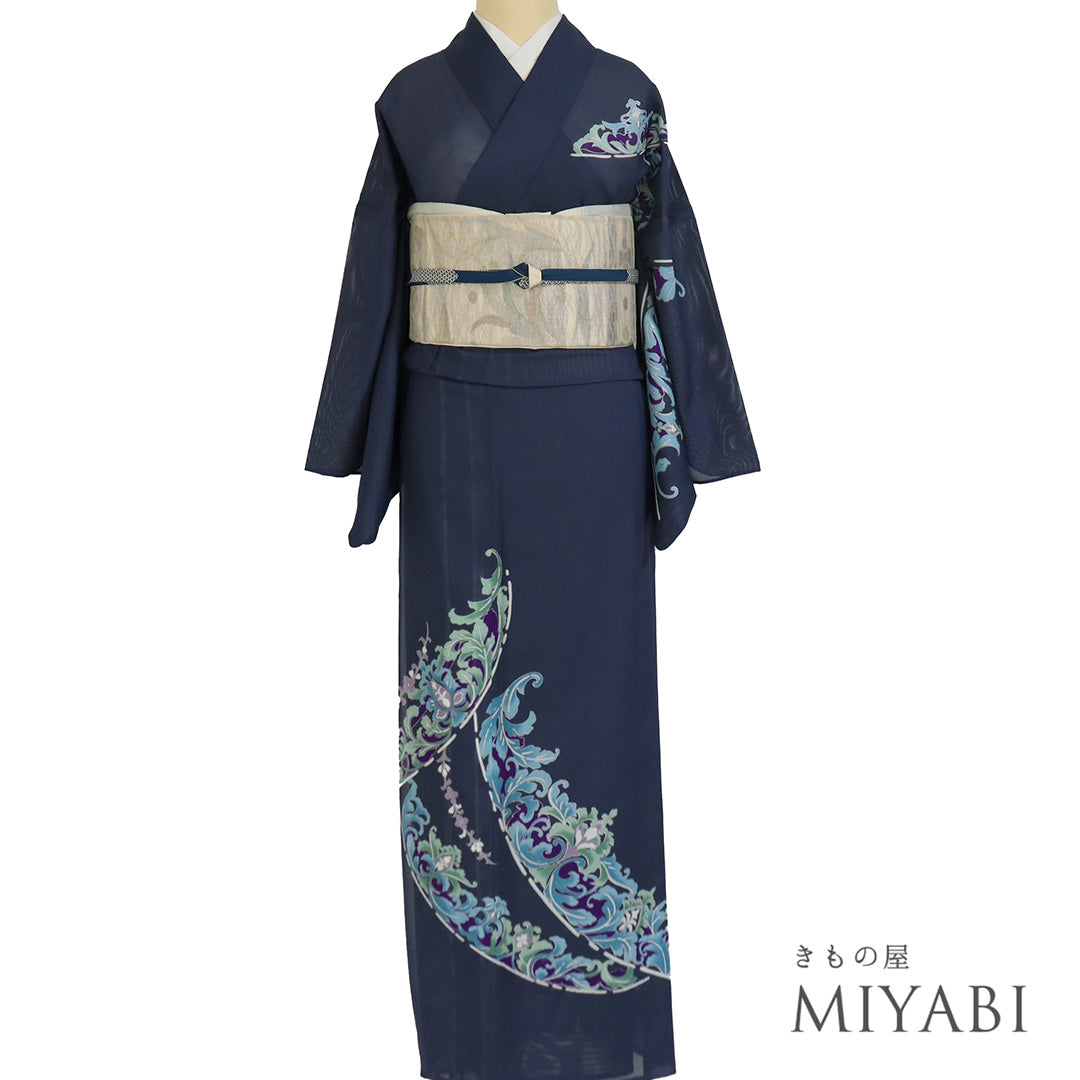 【mii⭐︎出品】浴衣/夏着物身丈154 裄63 帯揚げと帯締めのセット リサイクル着物 付下げ 夏着物 絽 身丈163cm 裄68cm オリエンタル柄