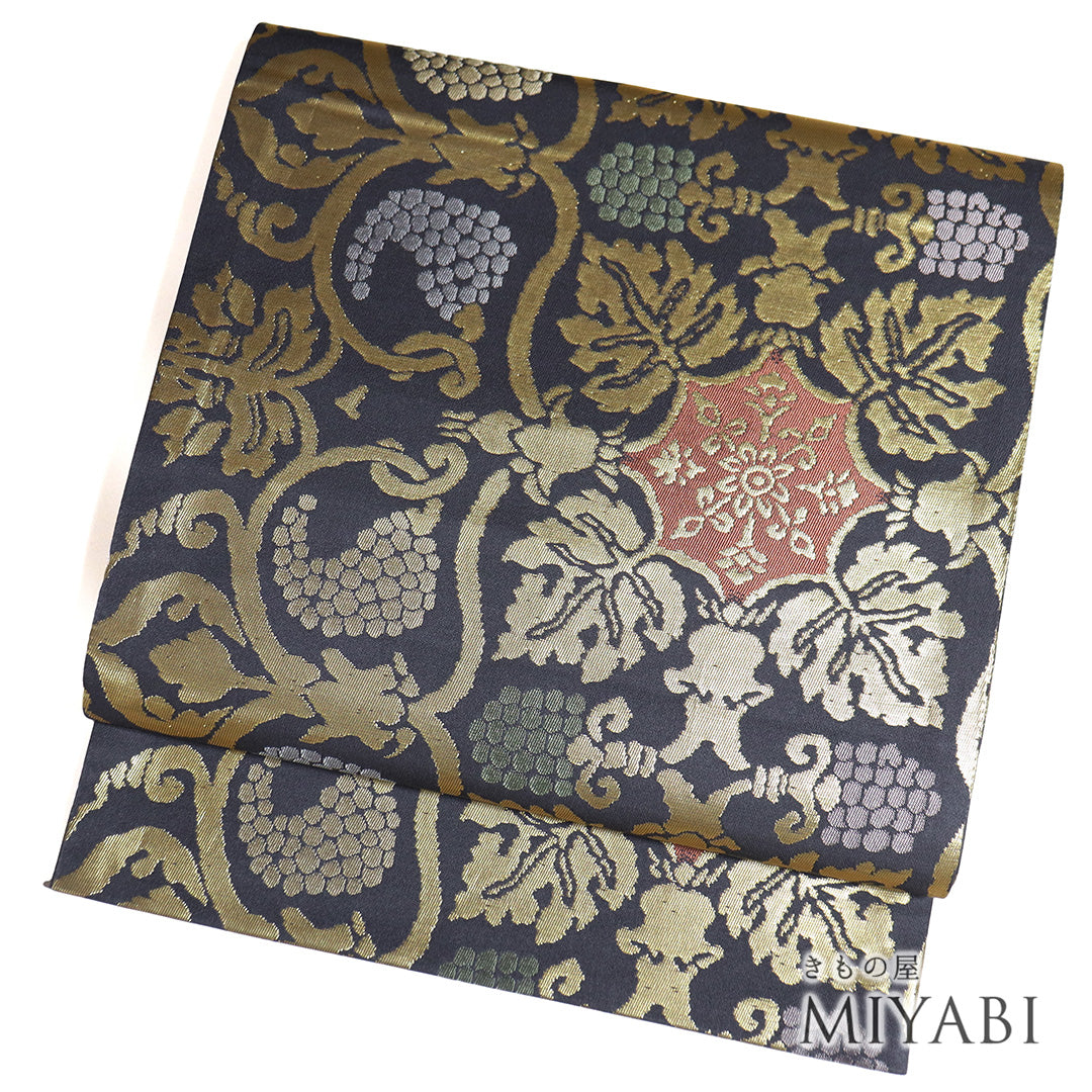 リサイクル 袋帯 帯丈440cm 全通 名物裂全通柄 グレー Mサイズ