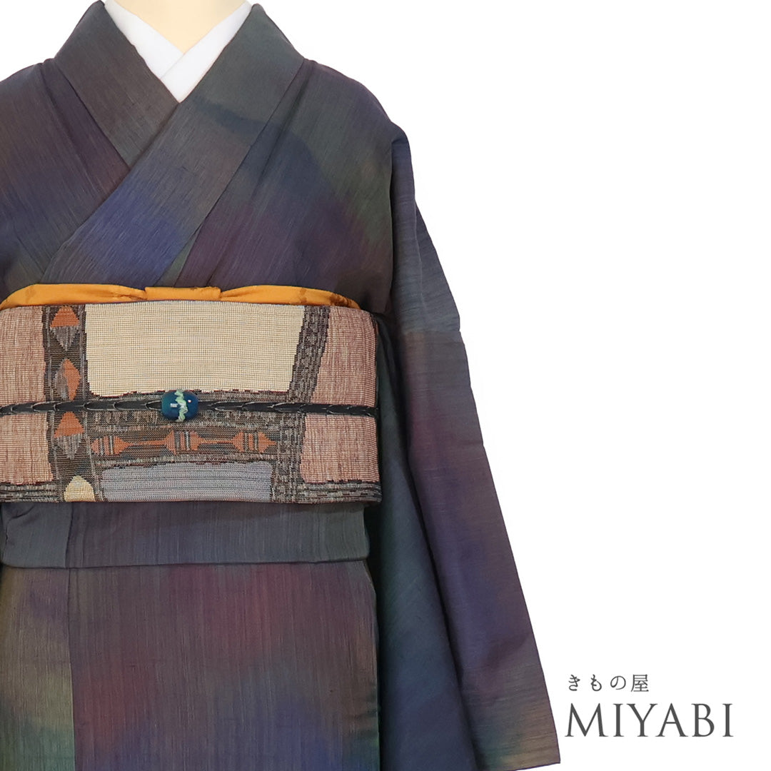 リサイクル着物 紬 袷 身丈168.8cm 裄70cm 森林に山並み柄 付下げ S