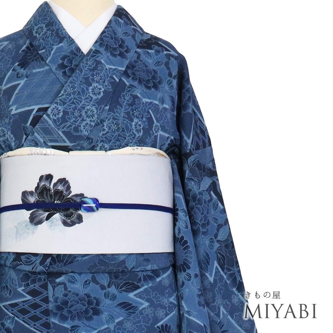 ※着物単品　小紋　フルセット　正絹　トールサイズ　花　くすみ水色　E1 着物単品 小紋 フルセット 正絹 トールサイズ 花 くすみ水色 E1