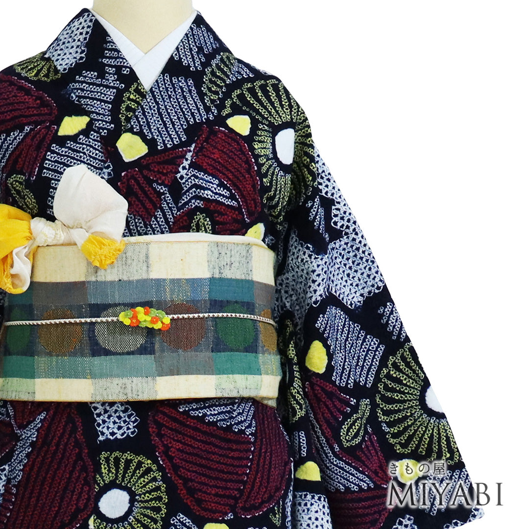 着物 小紋 広衿 袷 紺 ネイビー デニム ピーコック 貝 扇子 孔雀