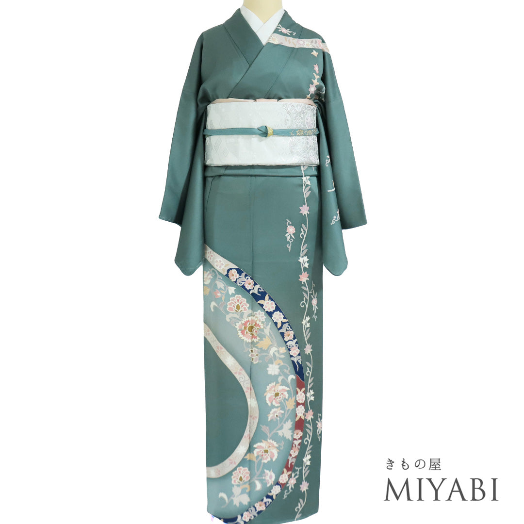 ◆みやがわ c06.高級 付下げ 訪問着 反物 着物 正絹 ３本まとめて １２ｍ以上 ベージュ ミントグリーン 珊瑚朱色 1円 新古品 夏用 単衣 訪問着レンタル sh1084 夏用 着物レンタル 付下げ フルセット 結婚式 お宮参り 夏 ６月 ７月 ８月 ９月 付け下げ 涼しい ママ  母 母親 houmongi 正絹「サーモンピンクに古典彩りの華」-貸衣裳ぽえむ　本店