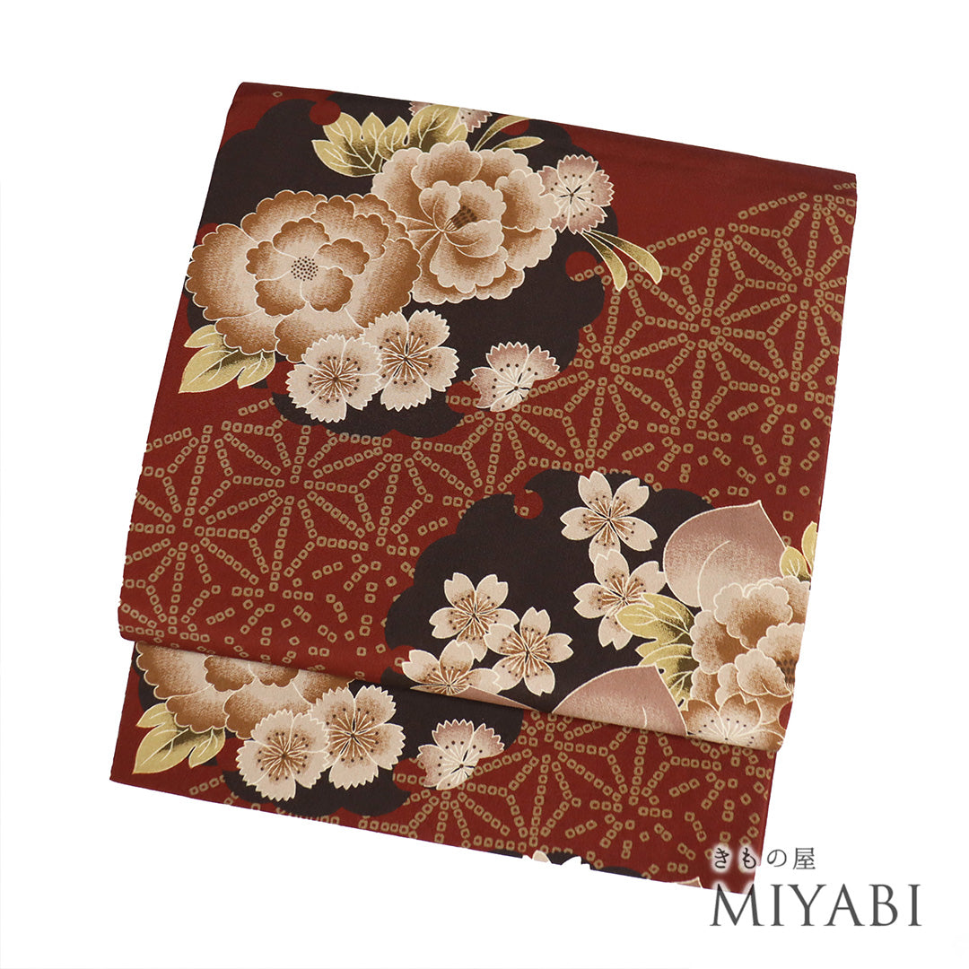 ☆ 夏帯 名古屋帯 麻 墨描き 柳模様 鳥の子色 O-5157 銀座【K-9077】岡重製 染名古屋帯 鳥の子色 更紗花文（反端付