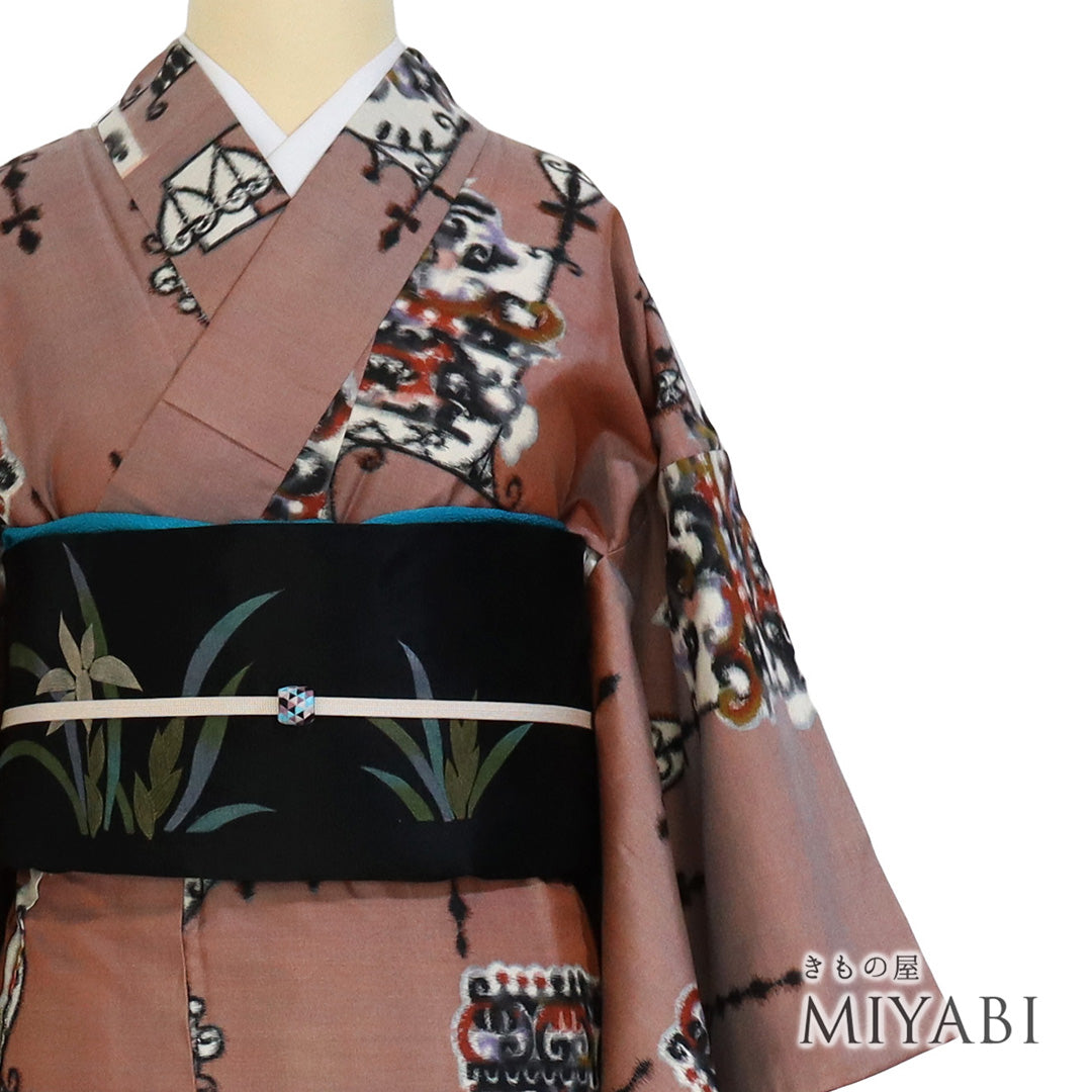 ❤美品　✭銘仙　✭袷着物 ✭深緑にオレンジ市松模様　 ◆着物と半幅帯セット◆ ❤美品 ✭銘仙 ✭袷着物 ✭深緑にオレンジ市松模様 ◇着物