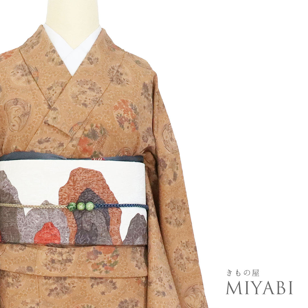 小紋 着物 袷 金彩加工 茶 扇 鶴 梅 桜 裄67.5 Ｌ 中古 sn1599 着物,小紋 - 忠右衛門 リサイクル着物専門店