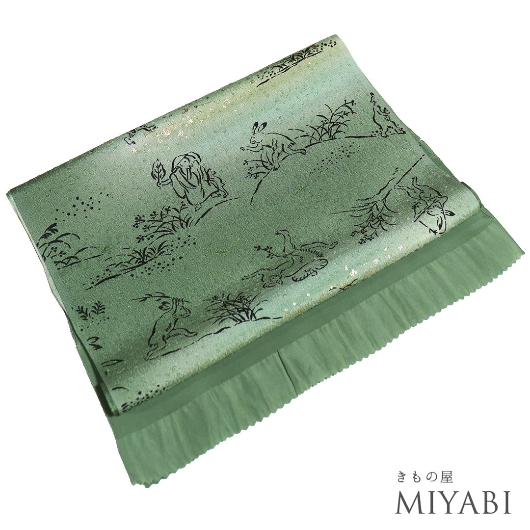 リサイクル 帯揚げ お洒落 ちりめん 正絹 グリーン 鳥獣戯画 新品・未